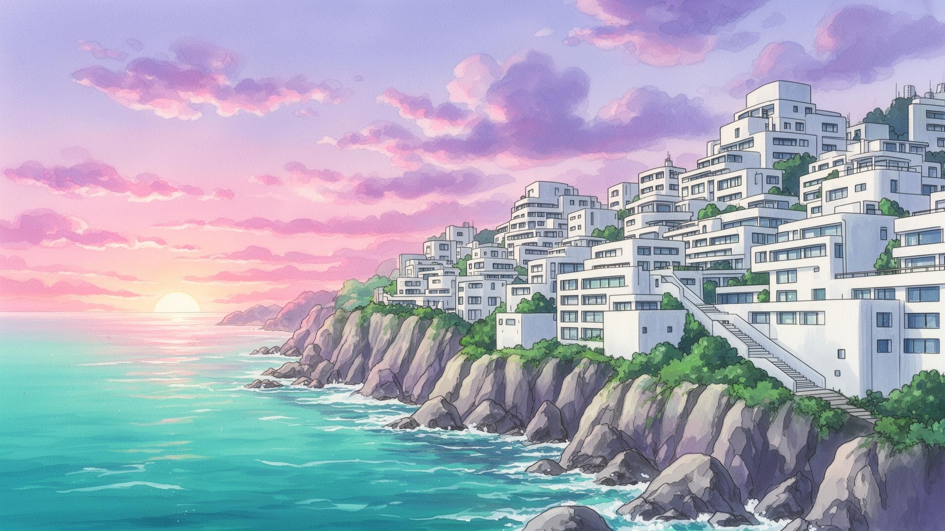 Coastal town stepping down a cliff at sunrise — scaling up and down with the tide
